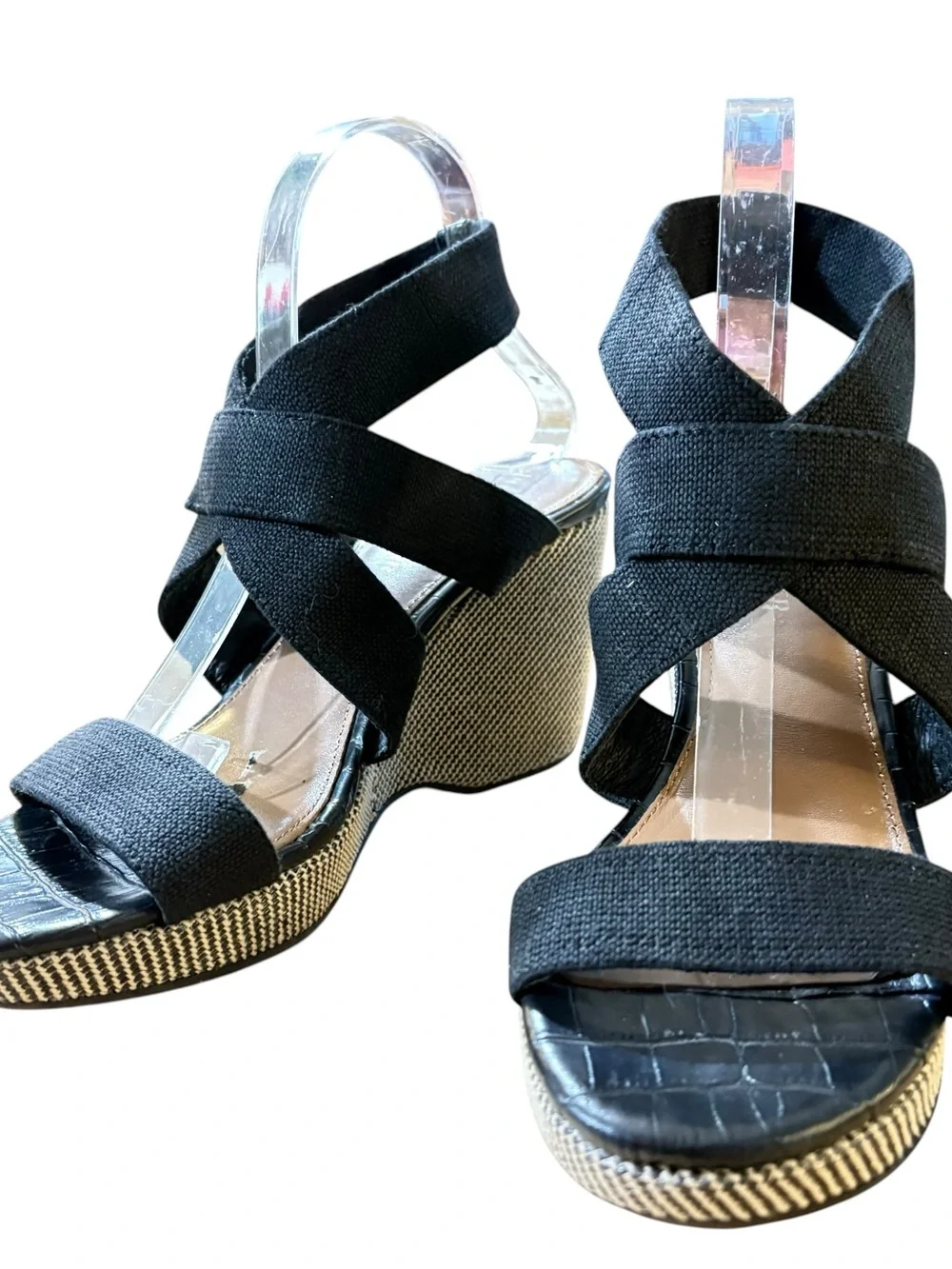 Donald J. Pliner Black Crisscross Fabric Wedge Sandals sz 9.5